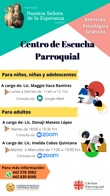 Pastoral Social junto a Cáritas Parroquial te invitan al centro de escucha parroquial, el cual brindara ayuda psicológica a niños, niñas, adolescentes y adultos.